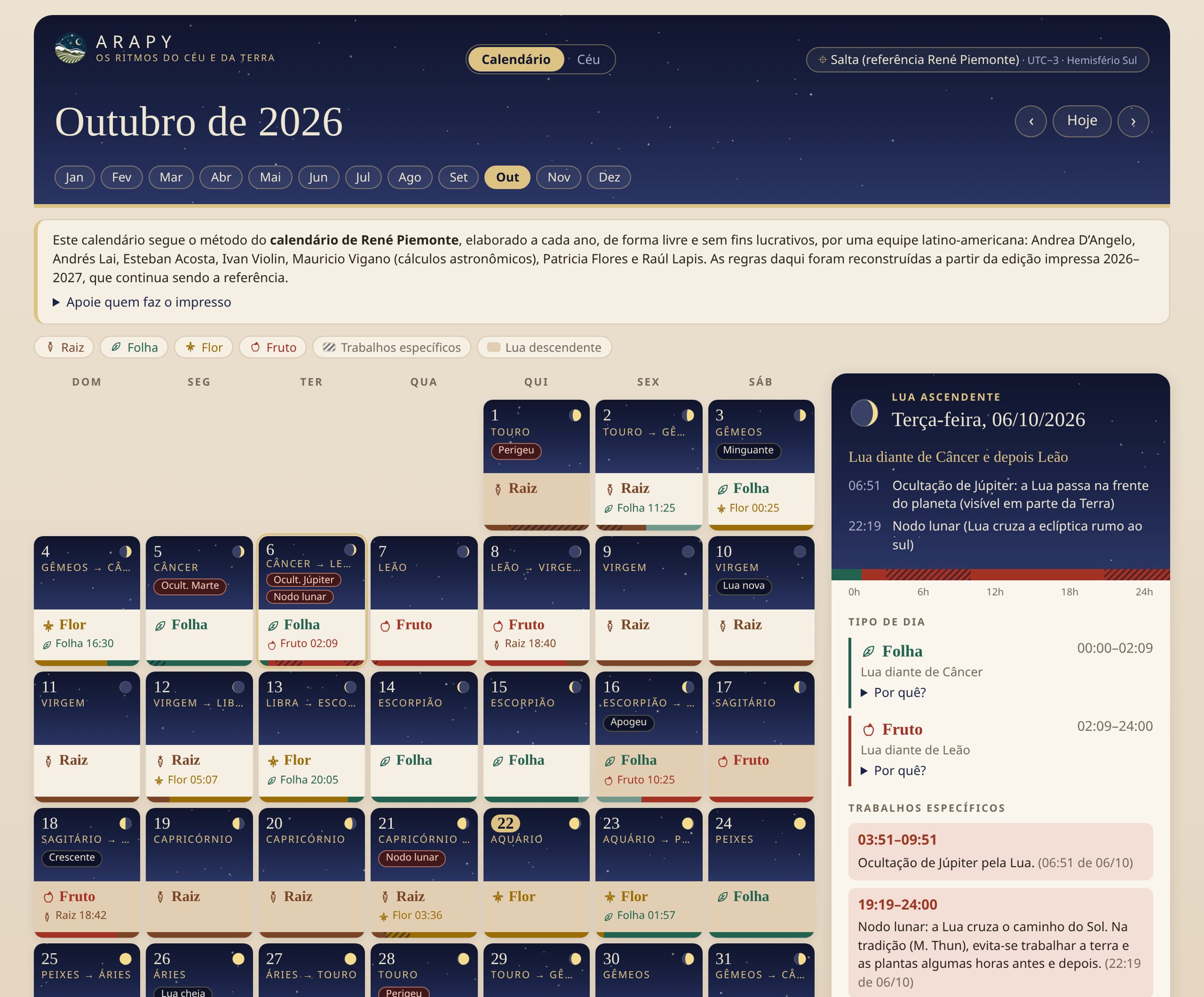 O calendário de outubro de 2026: em cada dia, o céu com a Lua e a constelação, e o solo com o tipo de dia.